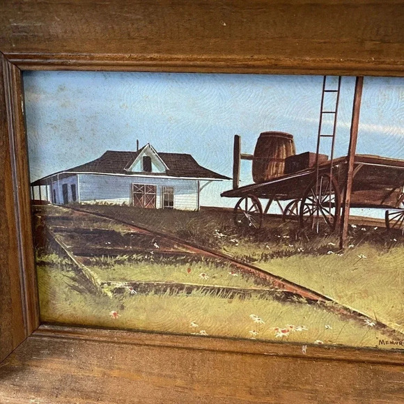 VTG Wood Frame Print Art Painting Wall Decor Country Side Railroad House 7”x9” - Picture 3 of 5